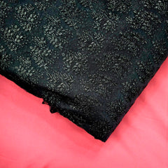 Embroidered Black Net Fabric with leaf Motifs