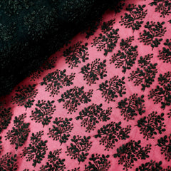 Embroidered Black Net Fabric with leaf Motifs