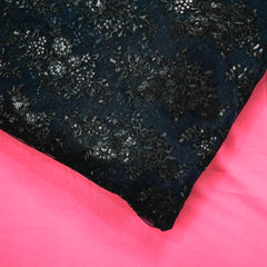 Embroidered Black Net Fabric with Sequin & Floral Motifs