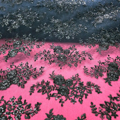 Embroidered Black Net Fabric with Sequin & Floral Motifs