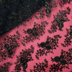 Embroidered Black Net Fabric with Sequin & Floral Motifs