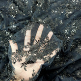 Embroidered Black Net Fabric with Sequin & Floral Motifs