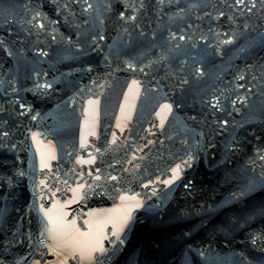Embroidered Black Net Fabric with Sequin & Floral Motifs