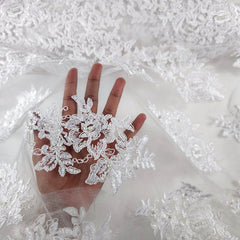 Gloria Pearl-Work Floral Embroidered White Lacey Net Fabric