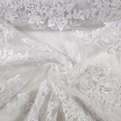 Gloria Pearl-Work Floral Embroidered White Lacey Net Fabric