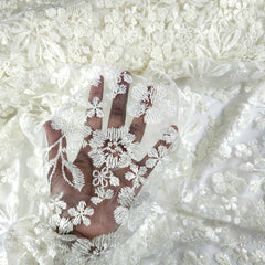 Davina Ivory Lacey Net Embroidered Fabric with Sequin work