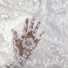 Davina Sequin Work White Lacey Net Embroidered Fabric