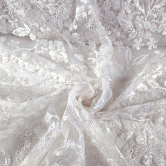 Davina Sequin Work White Lacey Net Embroidered Fabric