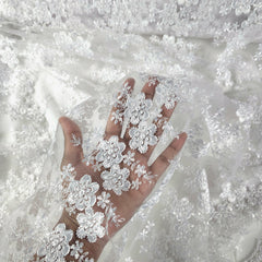 Clara White Lacey Net Floral Embroidered Fabric