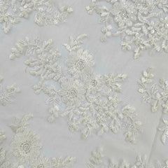 Elisa White Lacey Net Floral Embroidered Fabric