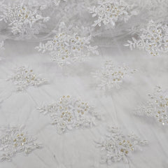 Selena Ivory Pearl & Sequin Lacey Net Floral Embroidered Fabric