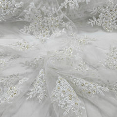 Selena Ivory Pearl & Sequin Lacey Net Floral Embroidered Fabric