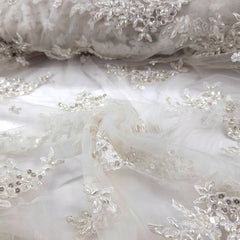 Selena Ivory Pearl & Sequin Lacey Net Floral Embroidered Fabric
