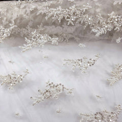 Selena Ivory Pearl & Sequin Lacey Net Floral Embroidered Fabric