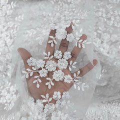 Camila White Pearl Lacey Net Floral Embroidered Fabric