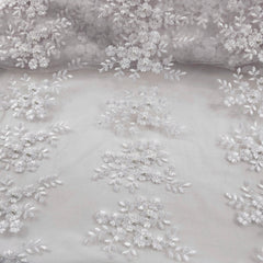Camila White Pearl Lacey Net Floral Embroidered Fabric