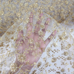 Dyeable Embroidered Net Fabric with Floral Gold Zari, Sequin Work & Veil Pattern