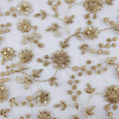 Dyeable Embroidered Net Fabric with Floral Gold Zari, Sequin Work & Veil Pattern