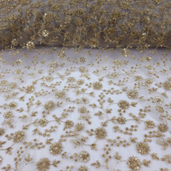 Dyeable Embroidered Net Fabric with Floral Gold Zari, Sequin Work & Veil Pattern