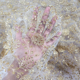 Dyeable Embroidered Net Fabric with Floral Gold Zari, Sequin Work & Veil Pattern