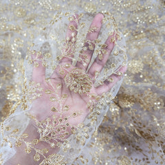 Dyeable Embroidered Net Fabric with Floral Gold Zari, Sequin Work & Veil Pattern