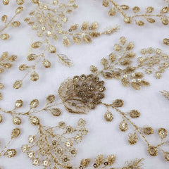 Dyeable Embroidered Net Fabric with Floral Gold Zari, Sequin Work & Veil Pattern