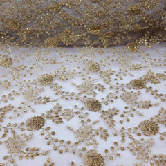 Dyeable Embroidered Net Fabric with Floral Gold Zari, Sequin Work & Veil Pattern