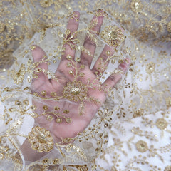 Dyeable Embroidered Net Fabric with Floral Gold Zari, Sequin Work & Veil Pattern