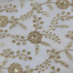 Dyeable Embroidered Net Fabric with Floral Gold Zari, Sequin Work & Veil Pattern
