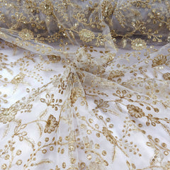 Dyeable Embroidered Net Fabric with Floral Gold Zari, Sequin Work & Veil Pattern