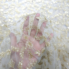 Dyeable Embroidered Net Fabric with Floral Gold Zari, Sequin Work & Veil Pattern