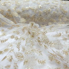 Dyeable Embroidered Net Fabric with Floral Gold Zari, Sequin Work & Veil Pattern