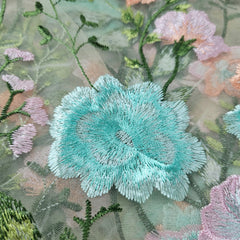 Floral Embroidered Net Fabric in Shades of Baby Pink, Peach & Acqa