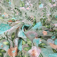 Floral Embroidered Net Fabric in Shades of Baby Pink, Peach & Acqa