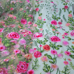 Floral Embroidered Net Fabric in Shades of Hot Pink, Peach & Red