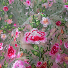 Floral Embroidered Net Fabric in Shades of Hot Pink, Peach & Red