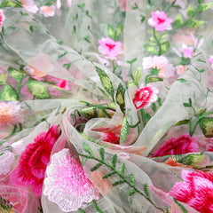 Floral Embroidered Net Fabric in Shades of Hot Pink, Peach & Red