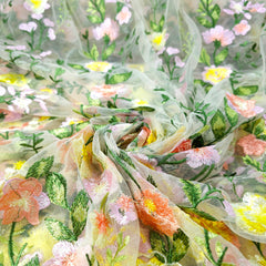 Floral Embroidered Net Fabric in Shades of Yellow, Peach and Light Pink