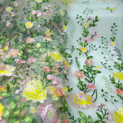 Floral Embroidered Net Fabric in Shades of Yellow, Peach and Light Pink
