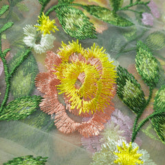 Floral Embroidered Net Fabric in Shades of Yellow, Peach and Light Pink