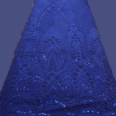 Electric Blue Embroidered Net Fabric with Sequins and Beads