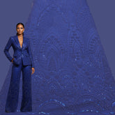 Electric Blue Embroidered Net Fabric with Sequins and Beads