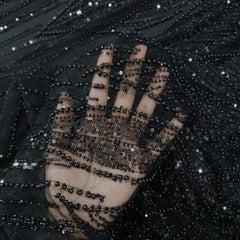 Black Embroidered Net Fabric with Sequins and Beads