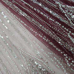 Maroon Embroidered Net Fabric with Sequins and Beads