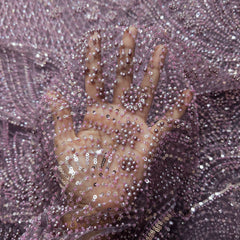 Light Wine Embroidered Net Fabric with Sequins and Beads