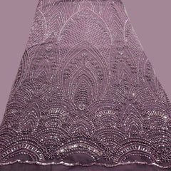Light Wine Embroidered Net Fabric with Sequins and Beads