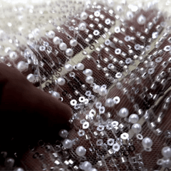 Ivory Gold Embroidered Net Fabric with Sequins and Beads