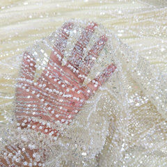 Ivory Gold Embroidered Net Fabric with Sequins and Beads