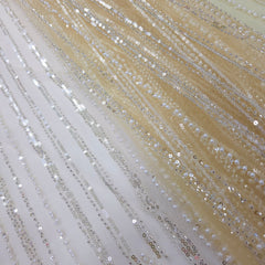 Ivory Gold Embroidered Net Fabric with Sequins and Beads