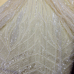 Ivory Gold Embroidered Net Fabric with Sequins and Beads